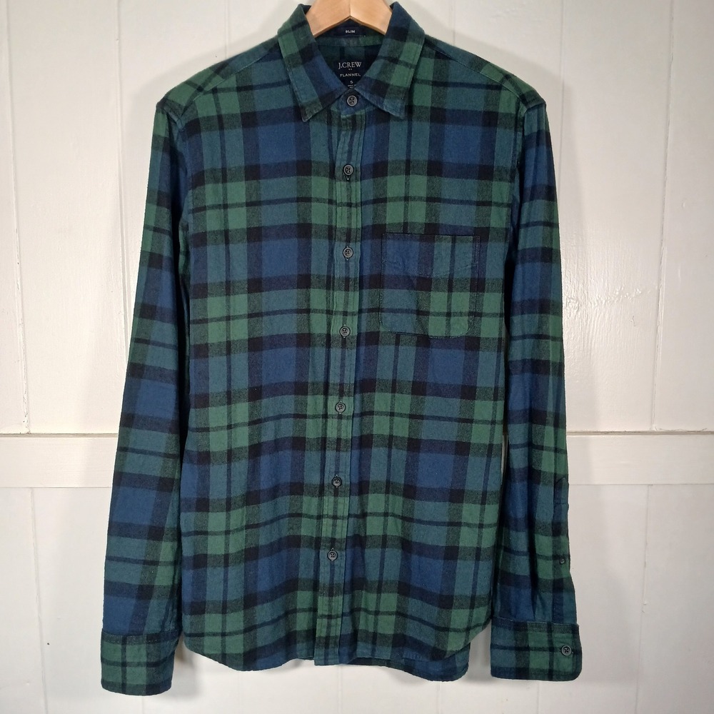 J.Crew Flannel Shirt Mens Small Green Blue Slim Fit Plaid AZ837